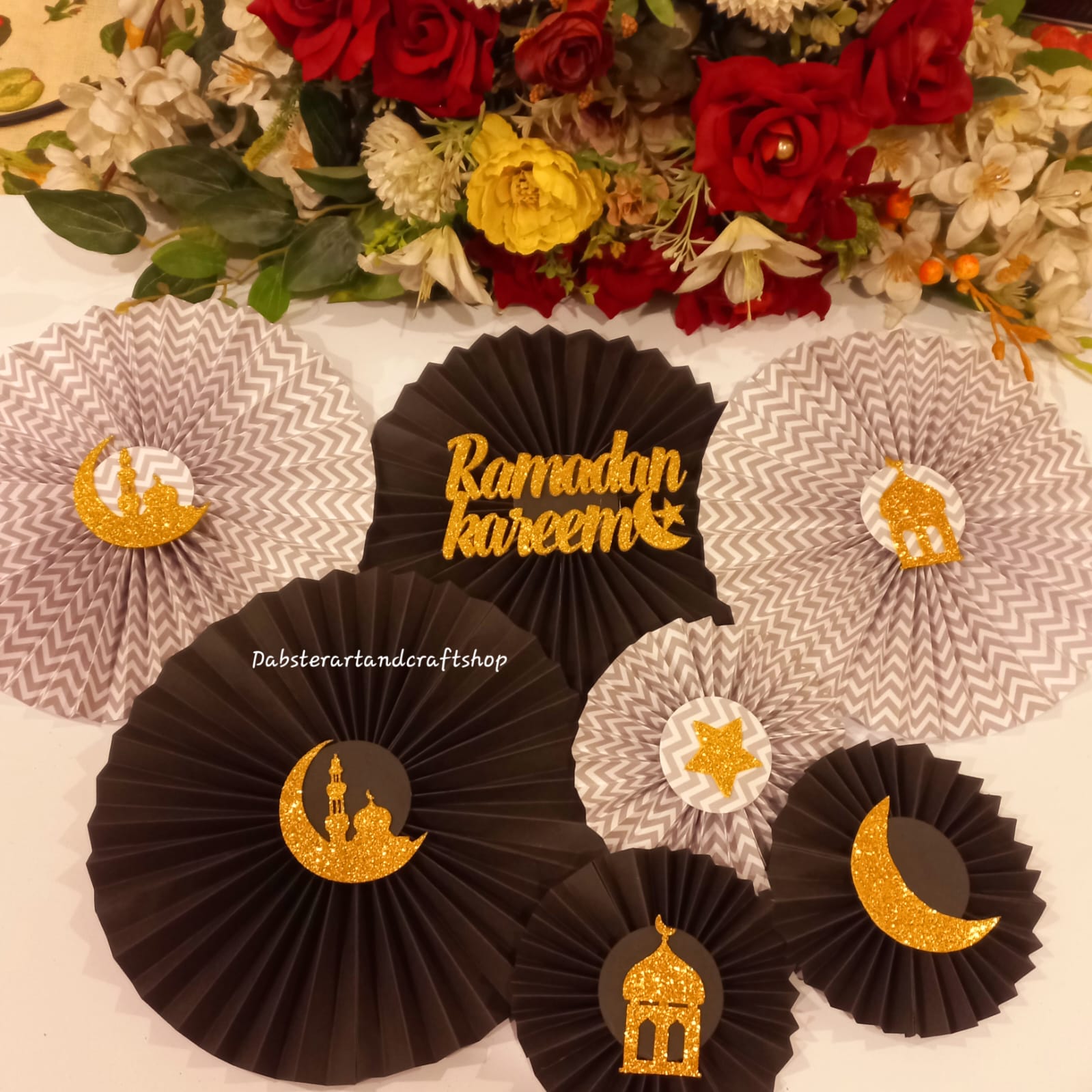 Elegant Ramadan Paper Rosettes – Black & Chevron Pattern -Celebrate with Style and Grace
