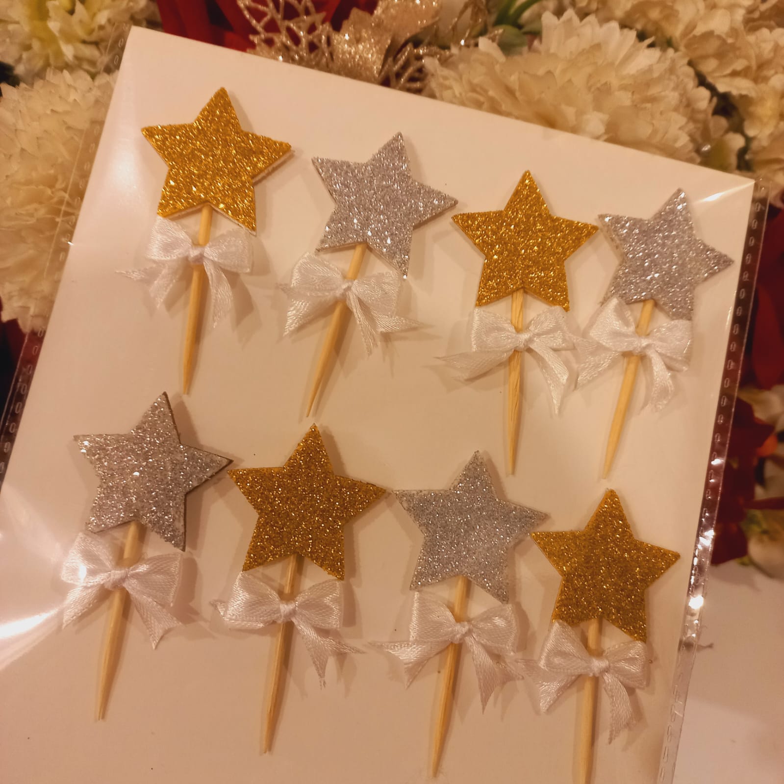 Gold & Silver Star Shape Cupcake Toppers with Ribbon Bow